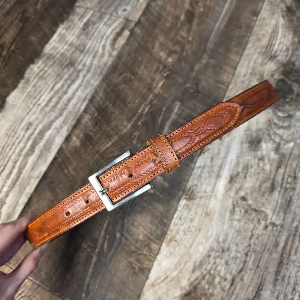 Vintage Italian Leather Belt Brown Tooled Western Boho Fleur De Lis